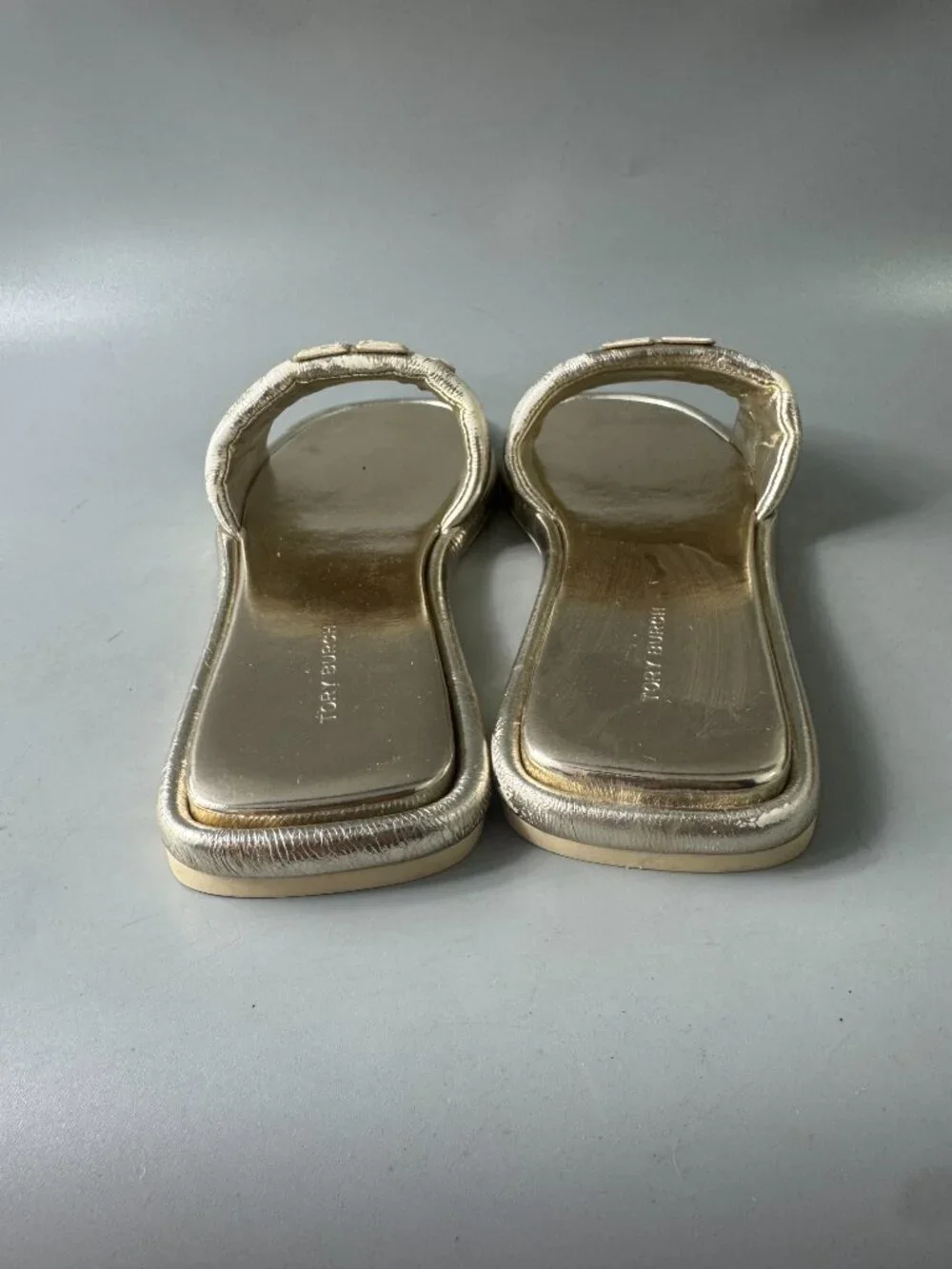 TORY BURCH Double T Sport Metallic Slide Sandals In Spark Gold- Size US 8